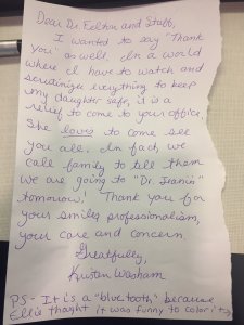 Handwritten patient review for Lowry Pediatric Dental Health